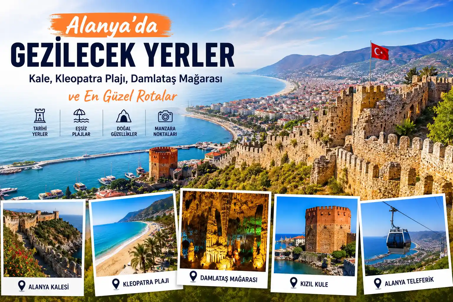 Alanya’da gezilecek yerler Alanya Kalesi Kleopatra Plajı ve Damlataş Mağarası gezi rehberi